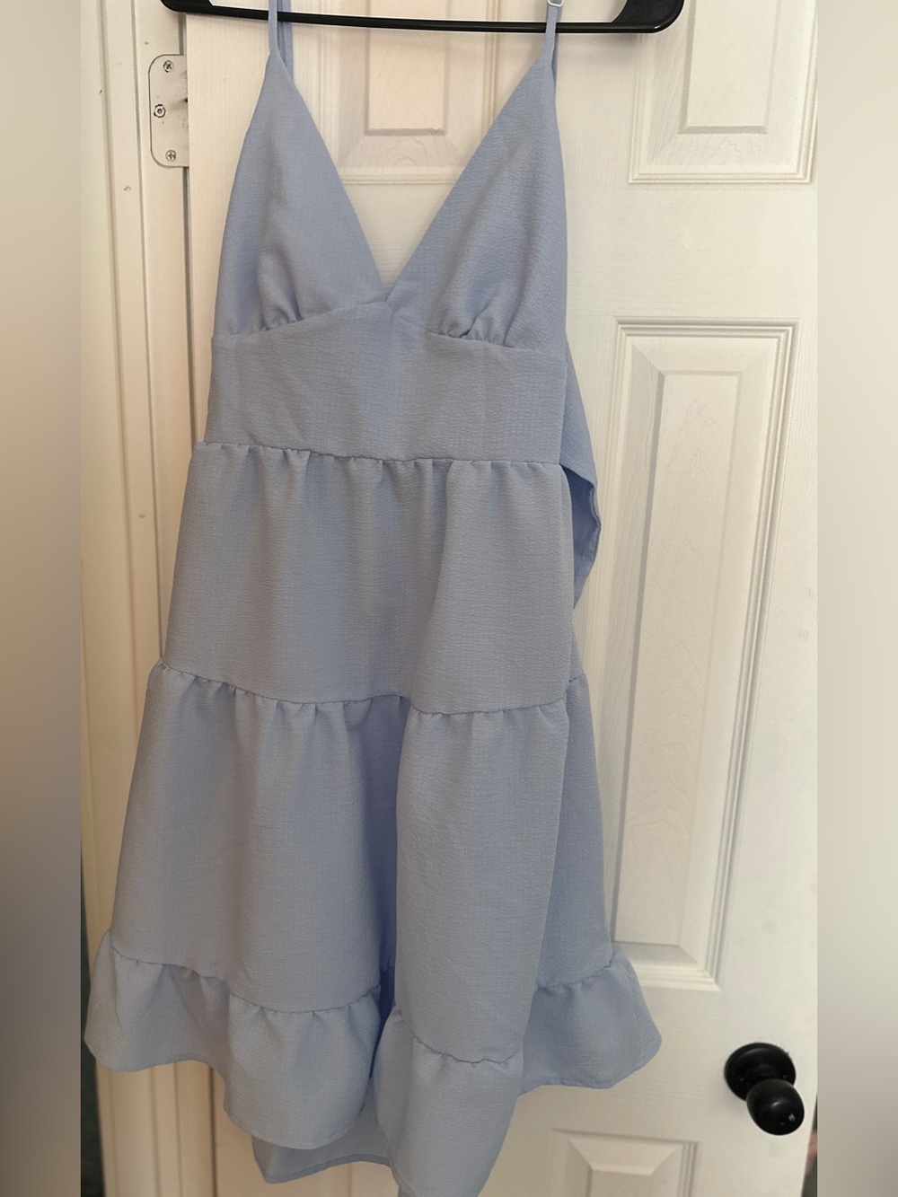 Dusty blue ruffle dress with bow tie in back